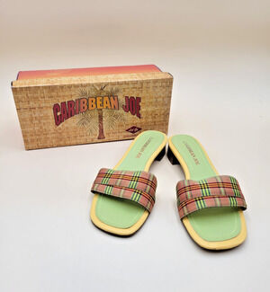 Carribean Joe Halston Plaid Textile Slide Sandals Low Wood Heel Sz 6 M